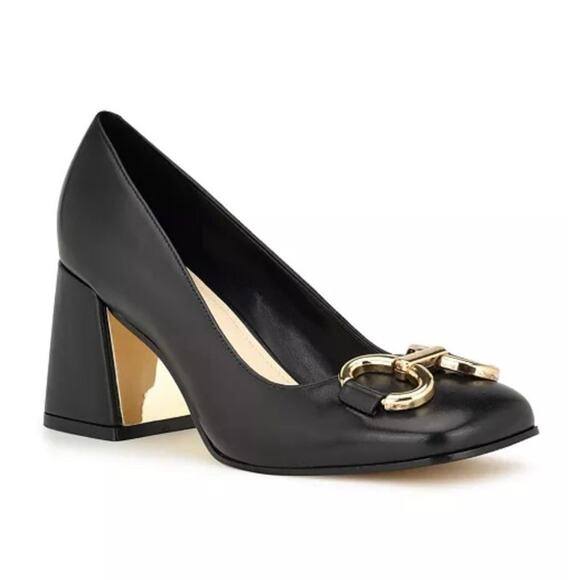 Nine West Caven Women’s Square Toe Block Heel Black Gold Buckle Pump Shoe 9.5 - Picture 1 of 11